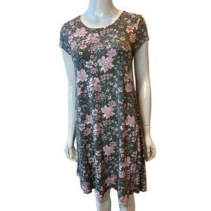 Loft Womens Floral Shift Mini Dress Round Neck Short Sleeve Gray Pink SZ X Small